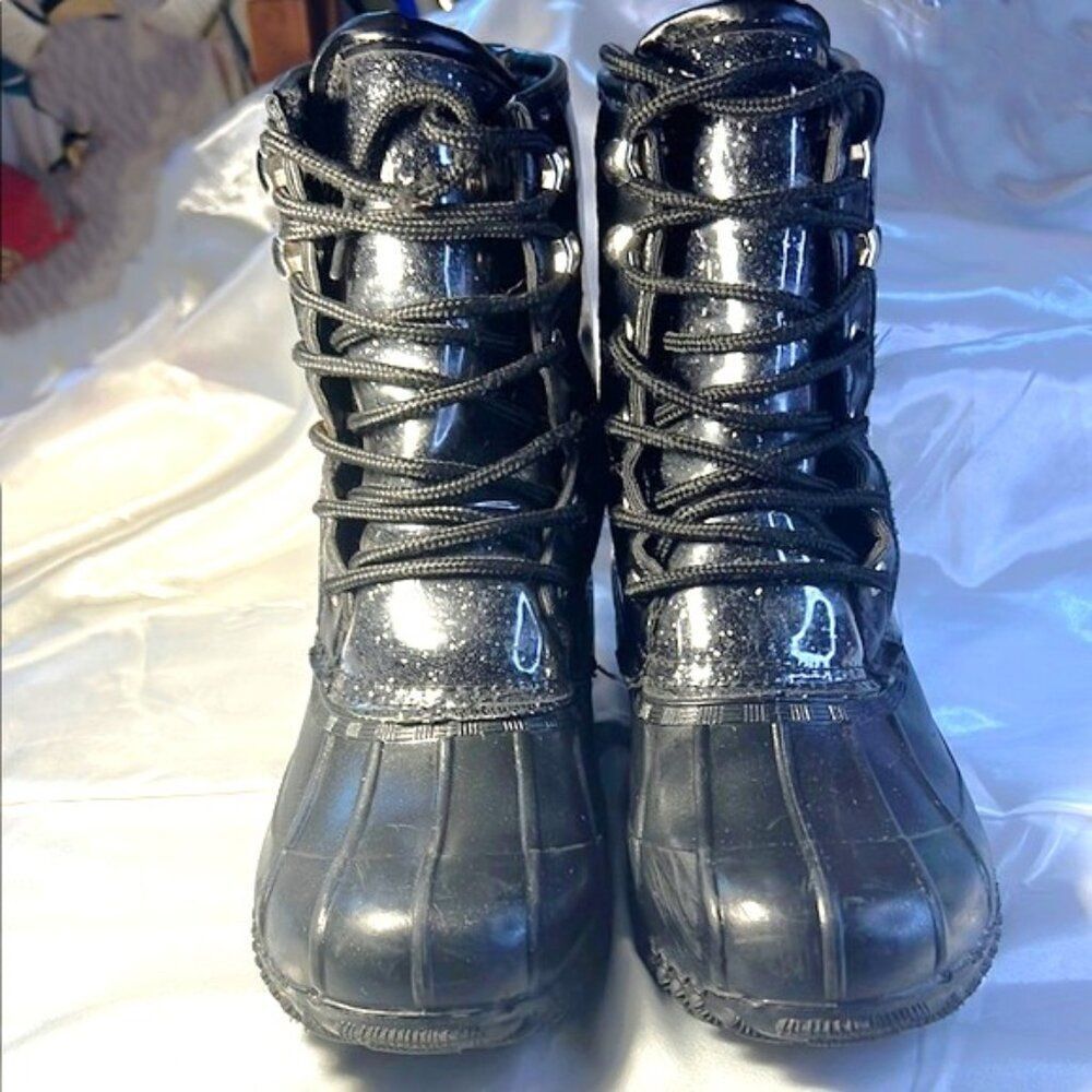 Juicy Couture Women's Black Glitter Talos Ankle Duck Rain Boots - Size 6